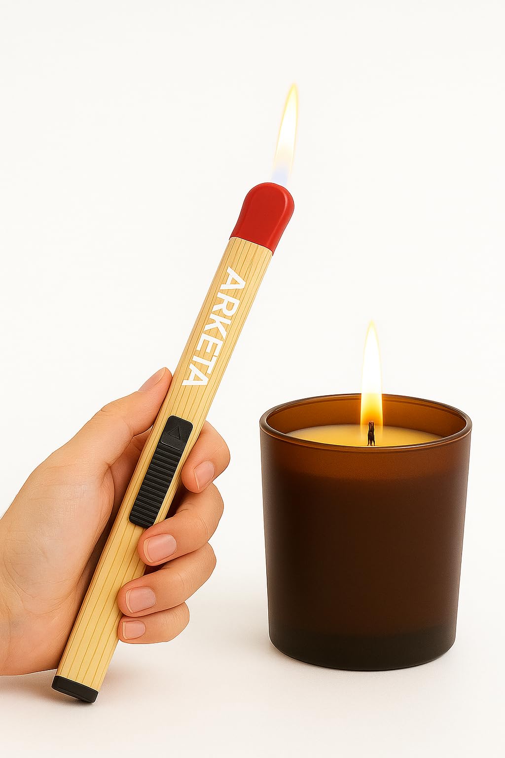 Arketa Refillable Butane Candle Lighter, Wooden Design with Safety Lock